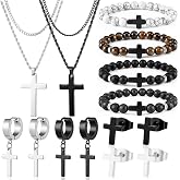 Kigeli 16 Pcs Cross Jewelry Set for Men Gifts Layered Cross Necklace | Dangle Hinged Earrings, Tiger Eye Bracelet, Stainless Steel Cuban Link, Silver Gold Black Pendant Jewelry Box Gifts