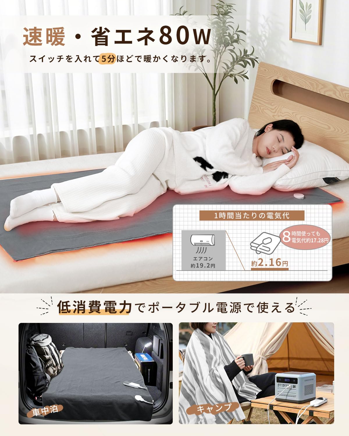 Electric Blanket, Mattress Mattress, Washable, 63.0 x 31.5 inches (160 x 80 cm), 7 Temperature Adjustment, 2-4-8-12H Off Timer, 80 W, Energy Saving, Electric Blanket, Quick Warming, Energy Saving