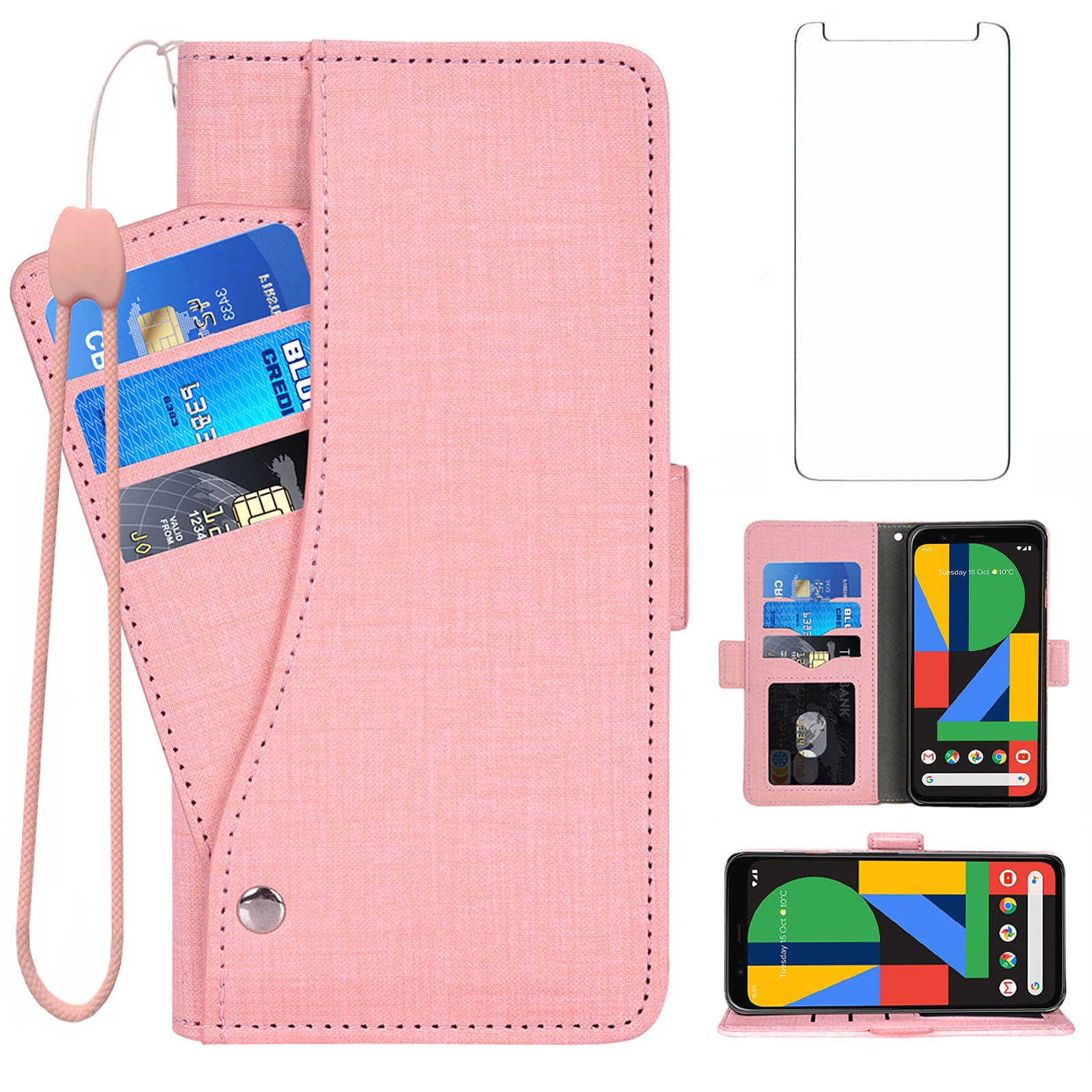 Asuwish Compatible with Google Pixel 4 Wallet Case Tempered Glass Screen Protector and Leather Flip Cover Card Holder Magnetic Stand Cell Accessories Phone Cases for Pixel4 Pixle Four Women Men Pink — image 1