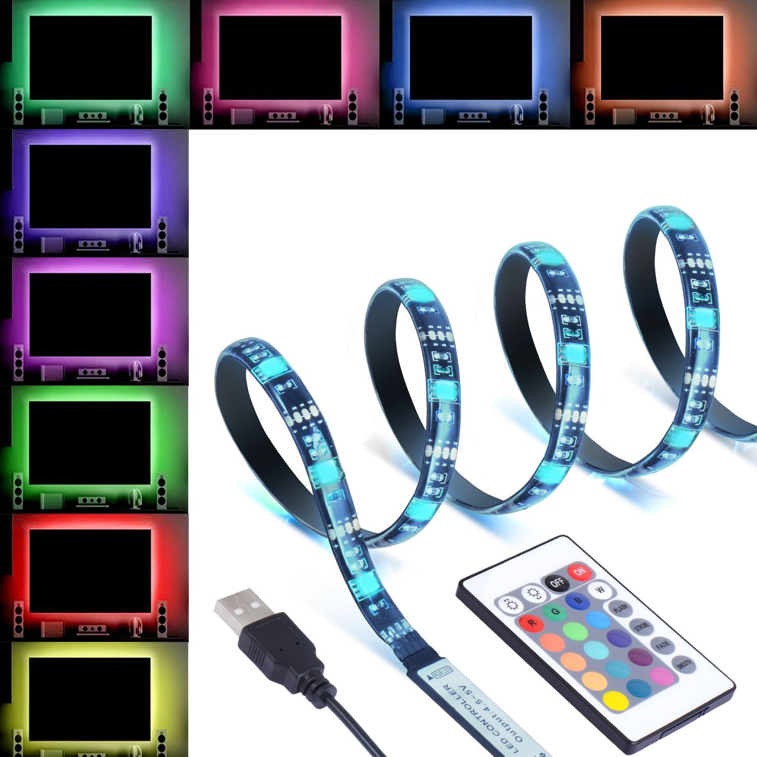 Boomile LED Strip Lights, 30 LED TV Backlight Waterproof USB Bias Monitor Lighting For TV Desktop PC with Flexible 5050 RGB Light Strip, 16 Color Changing Strip, Wireless Remote Controller