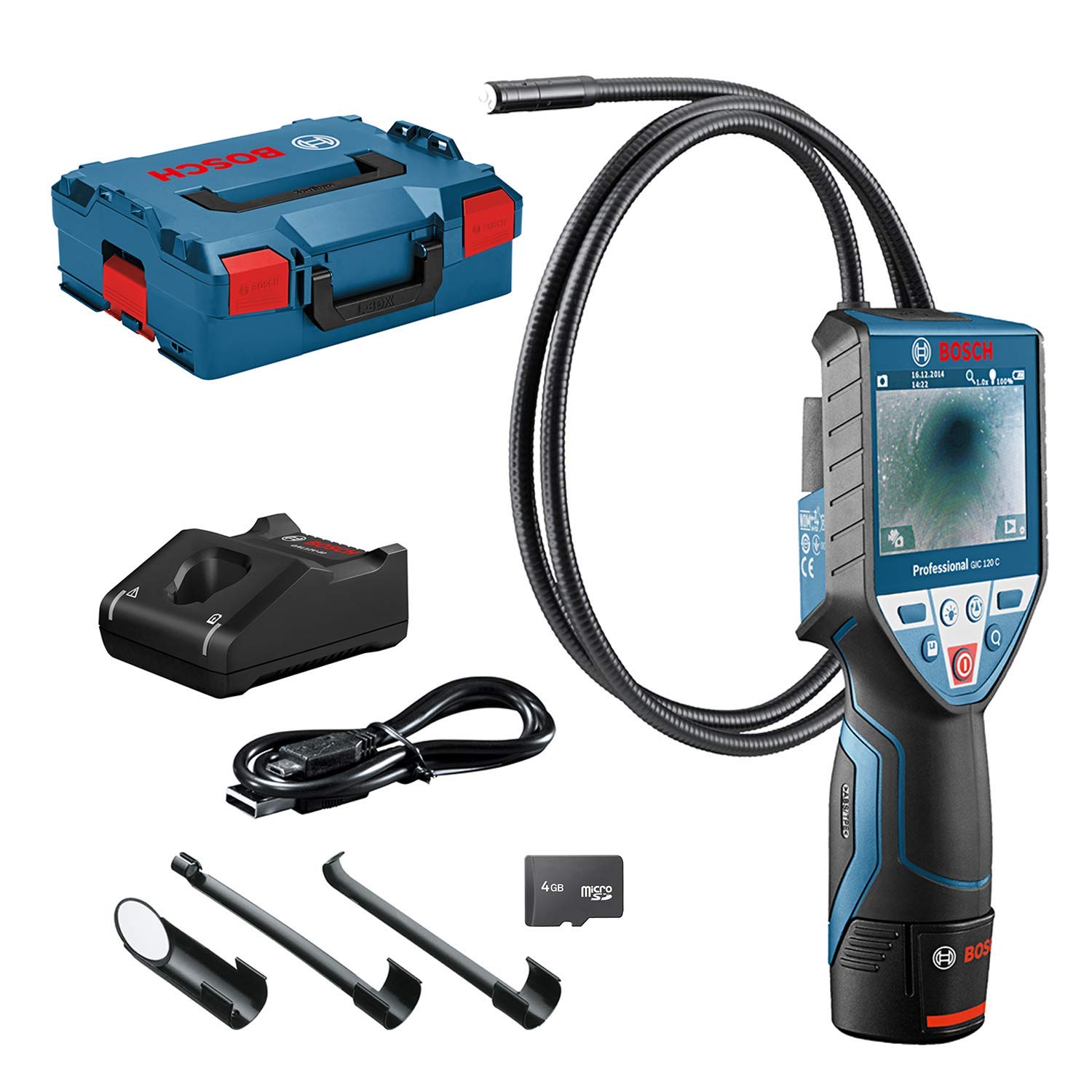 Bosch Professional 12V System Inspection Camera GIC 120 C (12V battery + charger, cable length: 120 cm, display: 3.5’’, in L-Boxx)