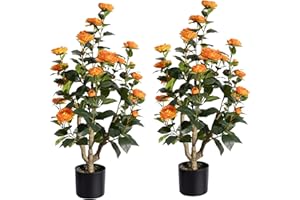 Romantic Season 2Pack Artificial Camellia Tree 3FT, Orange Faux Camellia Plant Fake Potted Camellia Flower Tree Plastic Camellia Tree for Modern Home Office Living Room Floor Décor Indoor