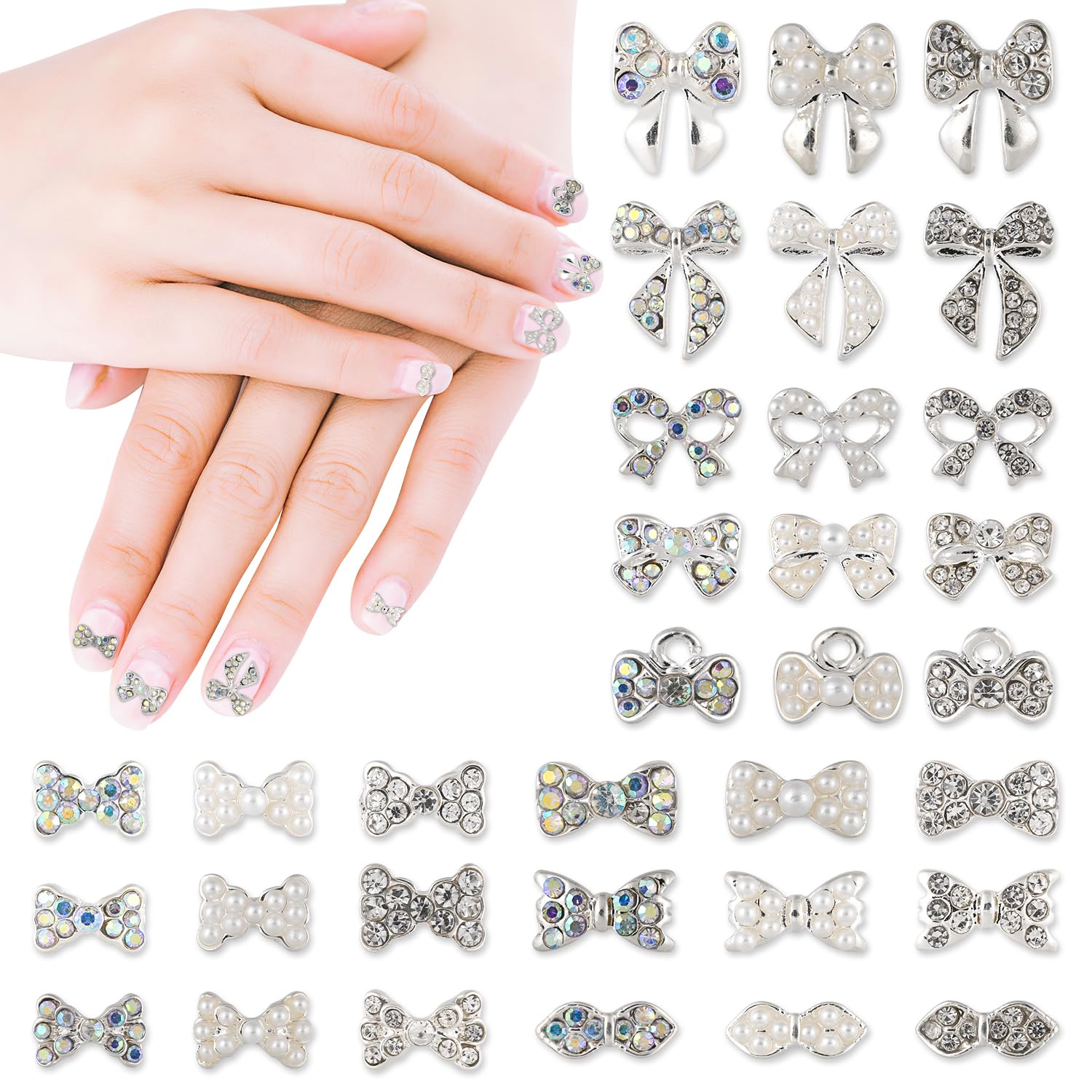 XIHIRCD 33pcs Bow Charms for Nails Silver Alloy Nail Charms 3D Bowknot Nail Charms Y2K for Acrylic Nails, Bow Rhinestone Nail Art DIY Decorations Inlaid Pearls for Girls Women Gift