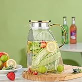 Glass Pitcher with Lid 1.8L, Borosilicate Glass Water Jug for Refrigerator Door, Hot & Cold Beverages, Leak-Proof Stainless Steel Lid with 2 Filter Holes for Iced Tea, Juice, Coffee, Milk