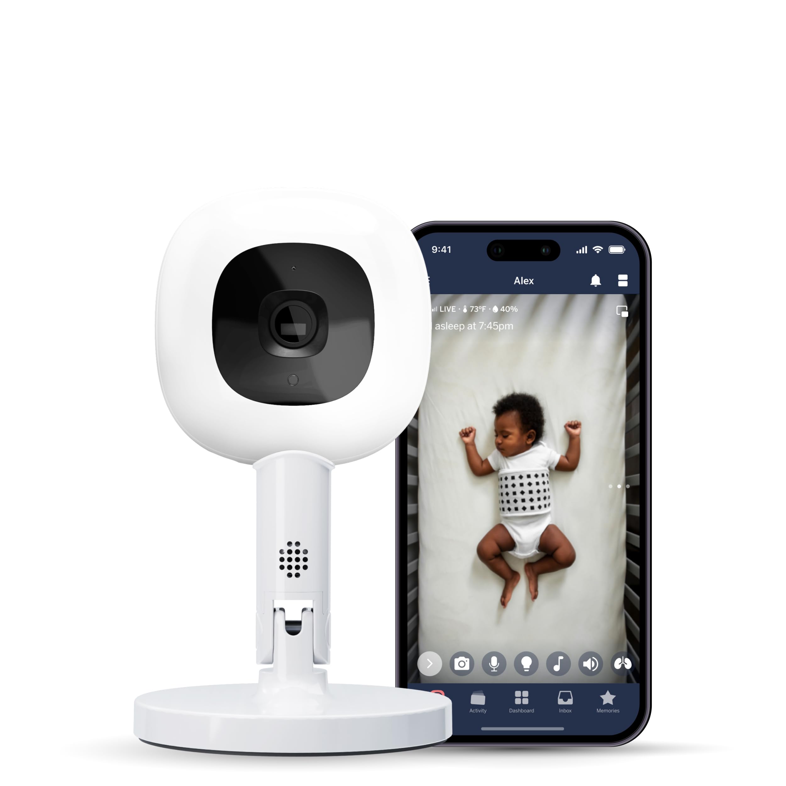 Nanit Pro 1080p HD Smart Baby Monitor & Flex Duo Stand, Featuring Split Screen and Alert Zone Function, Includes Small Breathing Band, White