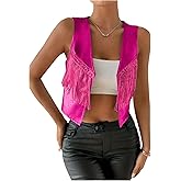 MAKEMECHIC Women's Sequin Fringe Vest Sleeveless Metallic Y2K Crop Cowgirl Western Jacket