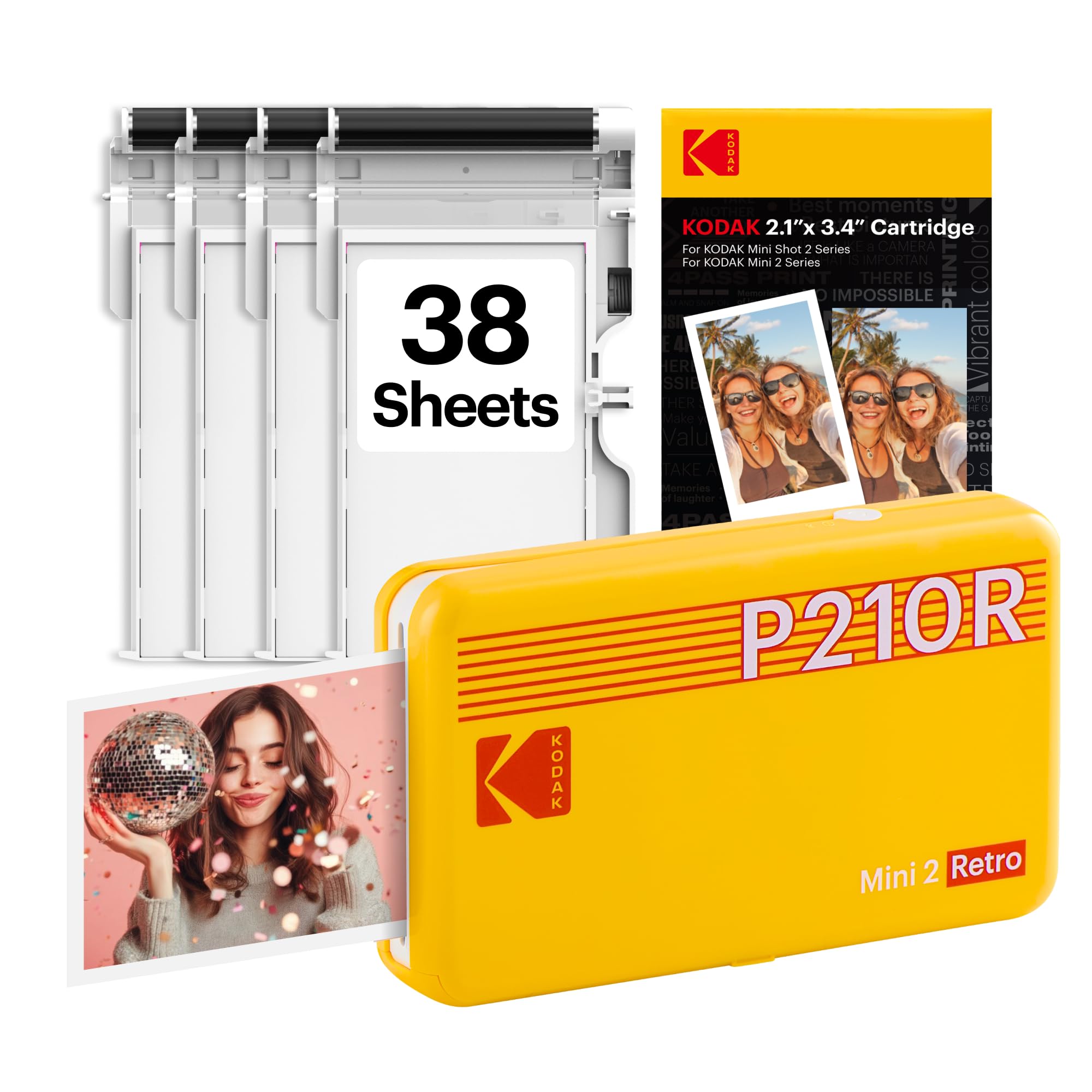 KODAK Mini 2 Retro 2x3 Impresora fotográfica portátil, 38 hojas, Impresora Bluetooth para teléfono inteligente para iPhone y Android, Impresiones instantáneas en color, Sublimación de tinta 4PASS, Amarillo