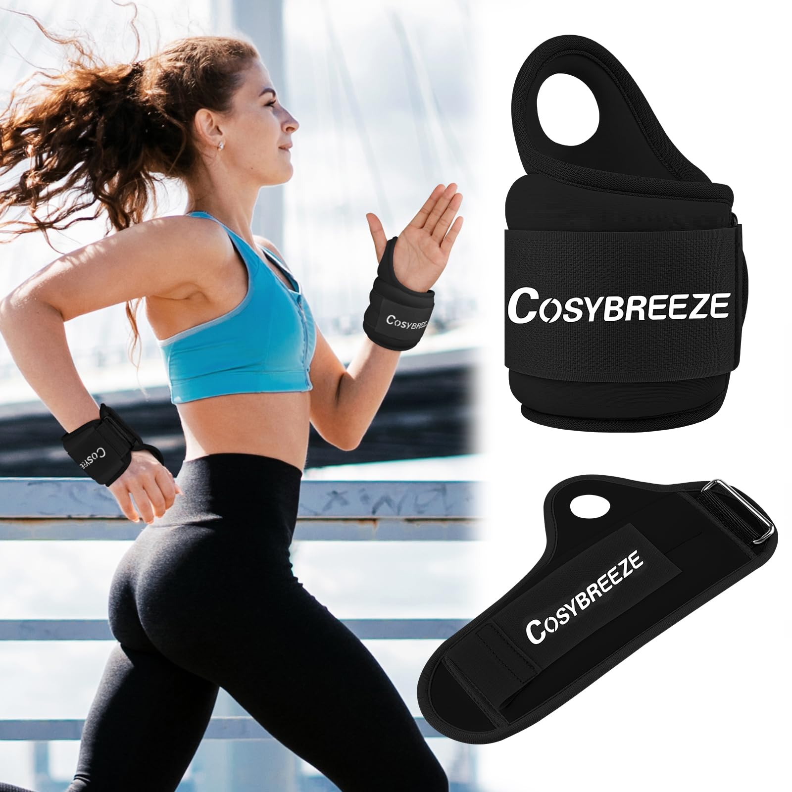 Cosybreeze Wrist Weights with Thumb Loops Lock for Women Men 1 Pair 1 kg Arm Weight Ankle Weights Weighted Gloves for Running Walking, Black