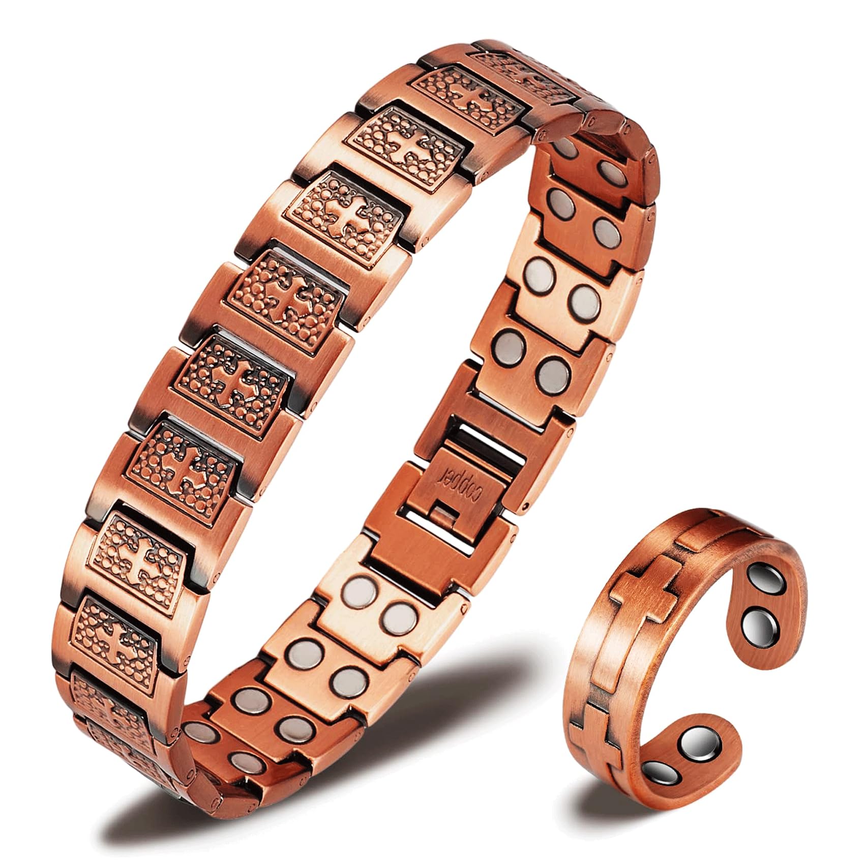 EnerCoppeX 99.99% Pure Copper Magnetic Combination Jewelry (Bracelet and Ring) Representing the Good Blessing of Jesus Christ, Christian Cross, Carrying Gift Bag (B)