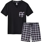 MoFiz Mens Pajama Set Summer Pjs Sleepwear Nightwear Lightweight Quick Dry Soft Short Sleeve V-Neck Pjs Sleep Set With Pocket