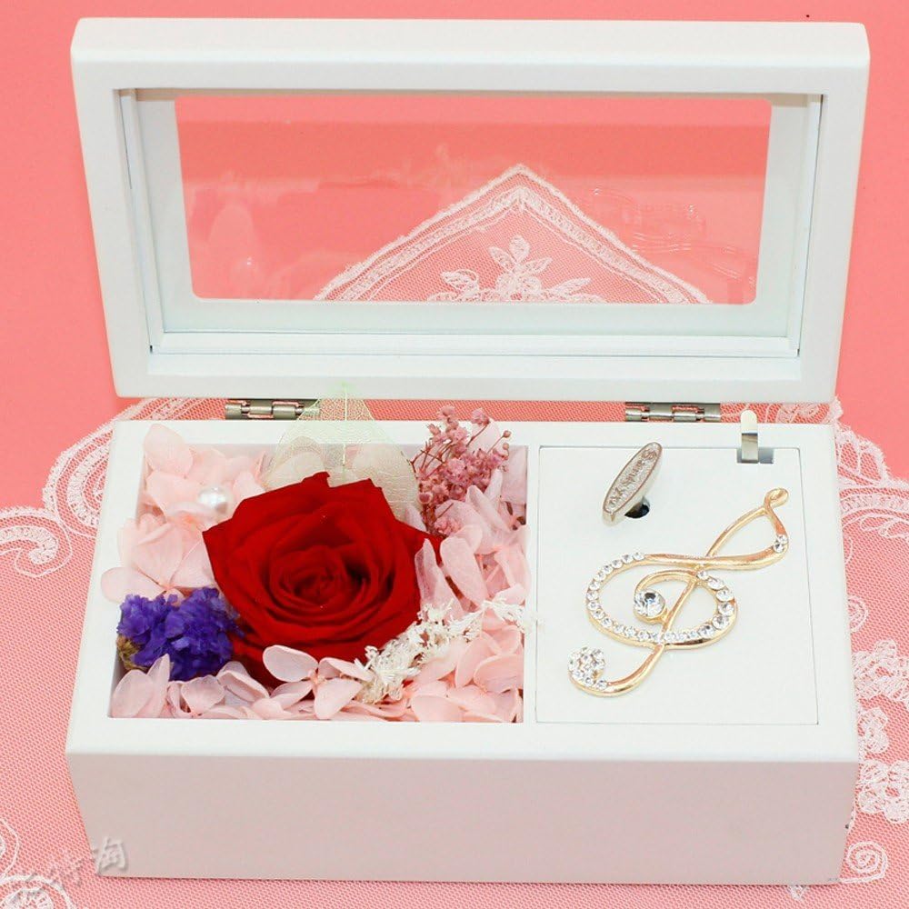 Music Box wooden Music box with eternal flowers DIY lettering gift for girls creative romantic birthday love,gules