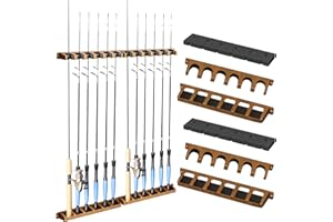 Tcakelox 2 Pack Fishing Rod Holder for Garage Pole Rack Vertical Wall-Mounted Stores 6 Rods or Combos Fits Most Rod Diameters (Wood Grain Vertical 2 Pair)