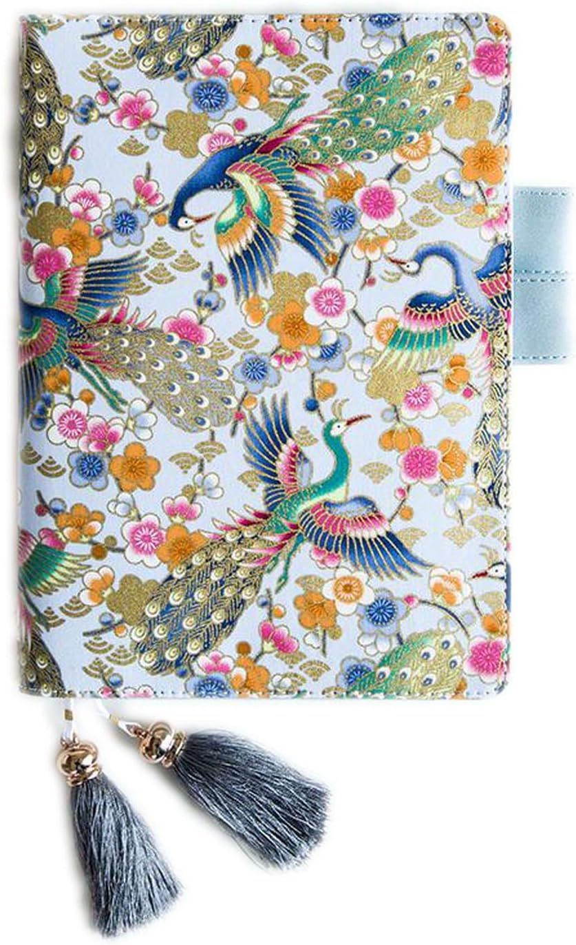 Fabric Antique Cover Refillable Notebook Cover Bullet Journal for Lined/Grid/Blank/Planner Refill,Mint Peacock A5,with Planner Book