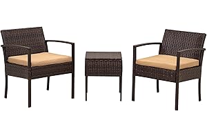 SEOGWISAM 3 Pieces Patio Furniture Set, Outdoor Wicker Conversation Bistro Set w/ 2 Chairs, 2 Cushions, Glass Coffee Table for Garden Balcony Backyard Porch Lawn (Brown Wicker & Yellow Cushions)