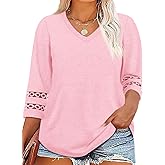 Beautife Womens Plus Size 3/4 Sleeve Tops V Neck Loose Fit Tee Shirts Dressy Casual Eyelet Lace Tunic Blouse