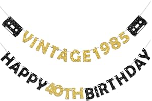 Eucutur Pre-Strung Black Gold 40th Birthday Banner Decoration for Men Women, Glitter Vintage 1985 Happy 40th Birthday Party Supplies, Cheers to 40 Years Old Bday Party Decor Sign