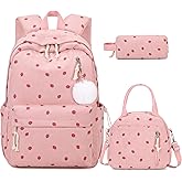 ACESAK Backpack for Girls - Corduroy Girls Backpack with Lunch Bag & Pencil Pouch for Teen Kids Laptop Backpack for Women, Middle High School Bookbag Travel Daypack (Pink Strawberry)