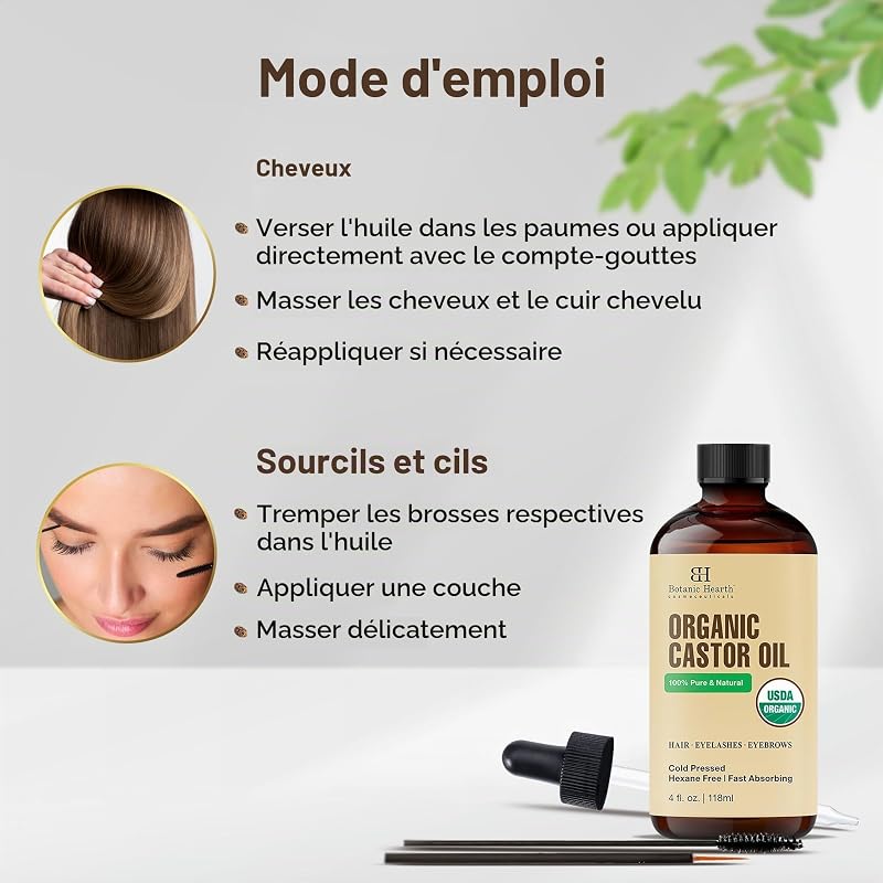 Huile de ricin | Certifiée biologique par l'USDA | 100% pure et sans hexane | Pressée à froid | Croissance pour cils, sourcils, cheveux | Avec brosse à sourcils et cils | 118,3 ml