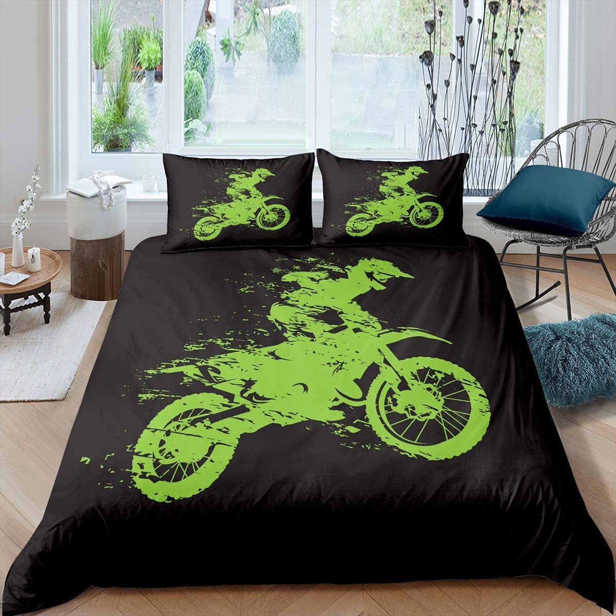 Homemissing Motocross Rider Bedding Set for Girls Boys Children Extreme Sports Theme Comforter Cover Dirt Bike Motorbike Duvet Cover Green Black Bedding & Linen Double Size Bedding 3Pcs
