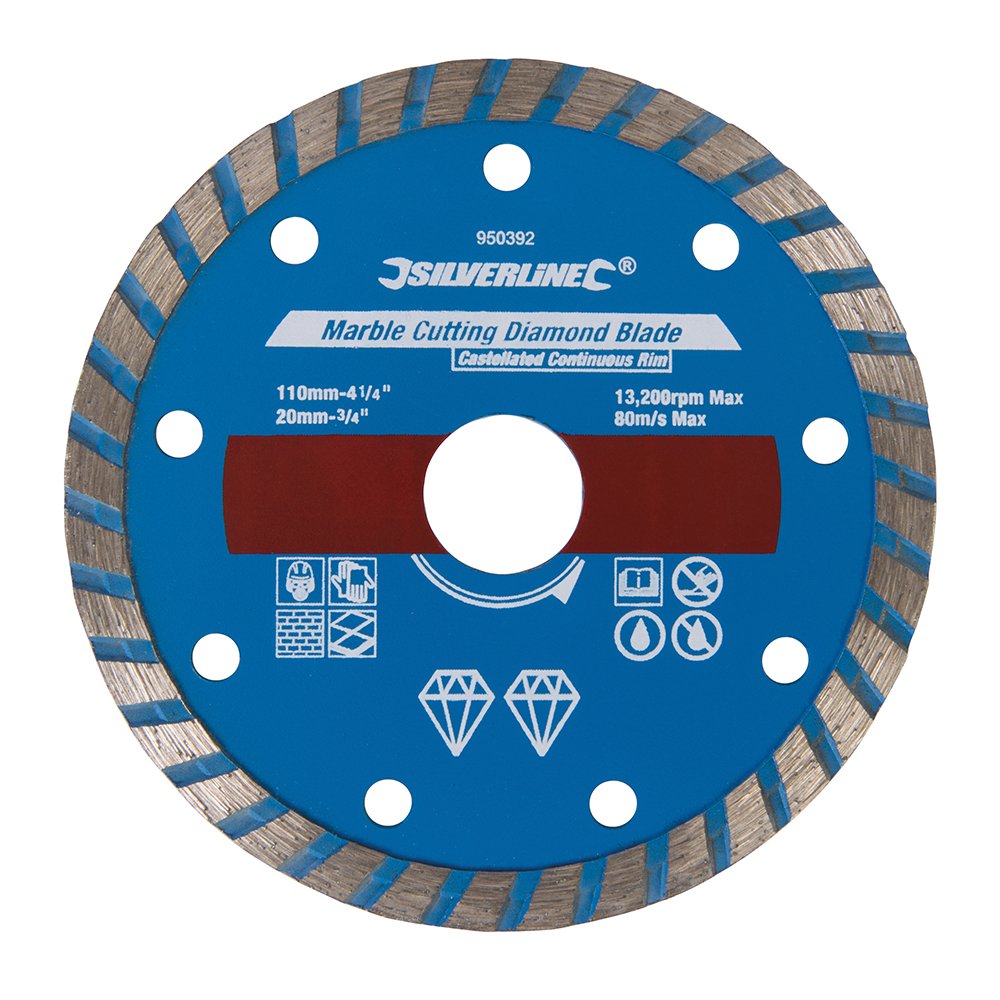 Silverline 950392 Marble Cutting Diamond Blade 110 x 20 mm Castellated Continuous Rim,BLUE