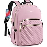 LOVEVOOK Laptop Backpack Purse for Women, Work Travel Computer Bags, College School Backpack for Student Girl, Quilted Casual Daypack with USB Port, Fit 15.6 Inch Laptop, Light Pink