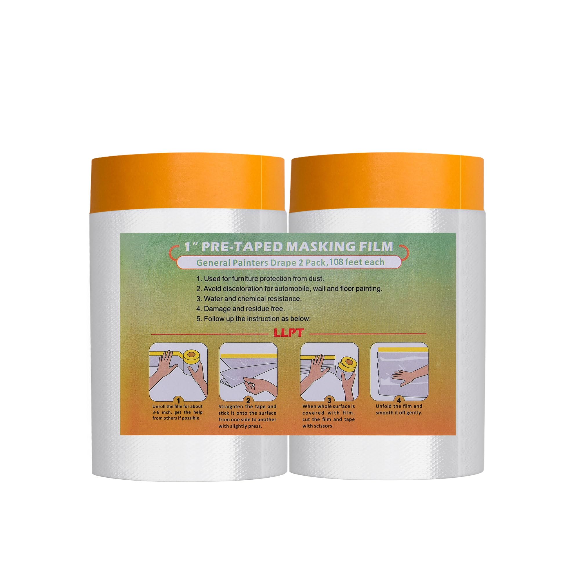 LLPT Tape and Drape Pre-Taped Masking Film | 2-Pack | 110cm(Unfolded) x 33m | Versatile Painter's Plastic Dust Sheets | for Auto Wall Furniture Painting and Spraying Protection (MFTO1133)