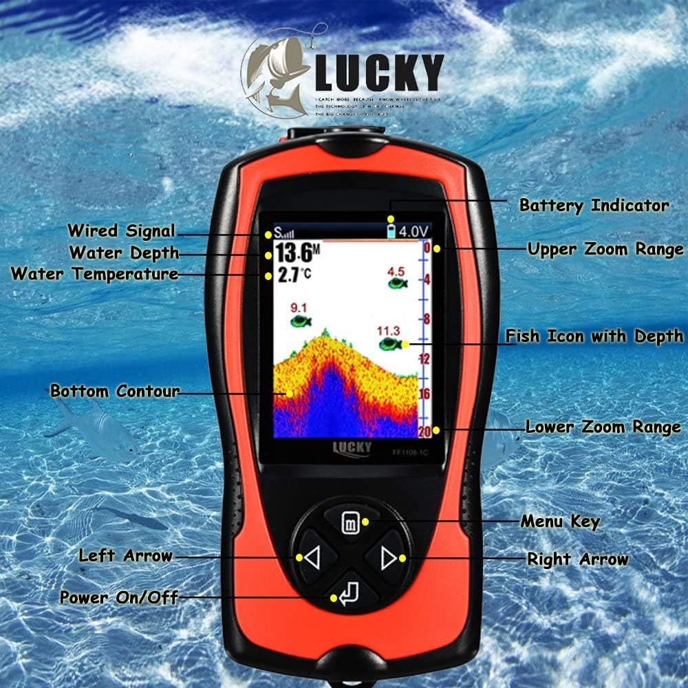 LUCKY Portable Fish Finder Transducer Sonar Sensor 147 Feet Water Depth Finder LCD Screen Echo Sounder Fishfinder with Fish Attractive Lamp for Ice Fishing Sea Fishing: Sports & Outdoors