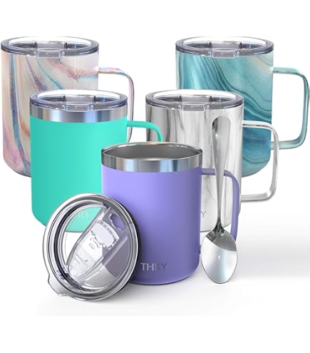 VEGOND Lot De 4 Tasses à Café Isothermes De 414 Ml Avec Poignée, En Acier Inoxydable Avec Couvercle, Tasse à Café Sous Vide à Double Paroi, Gobelet à Café Avec Revêtement En