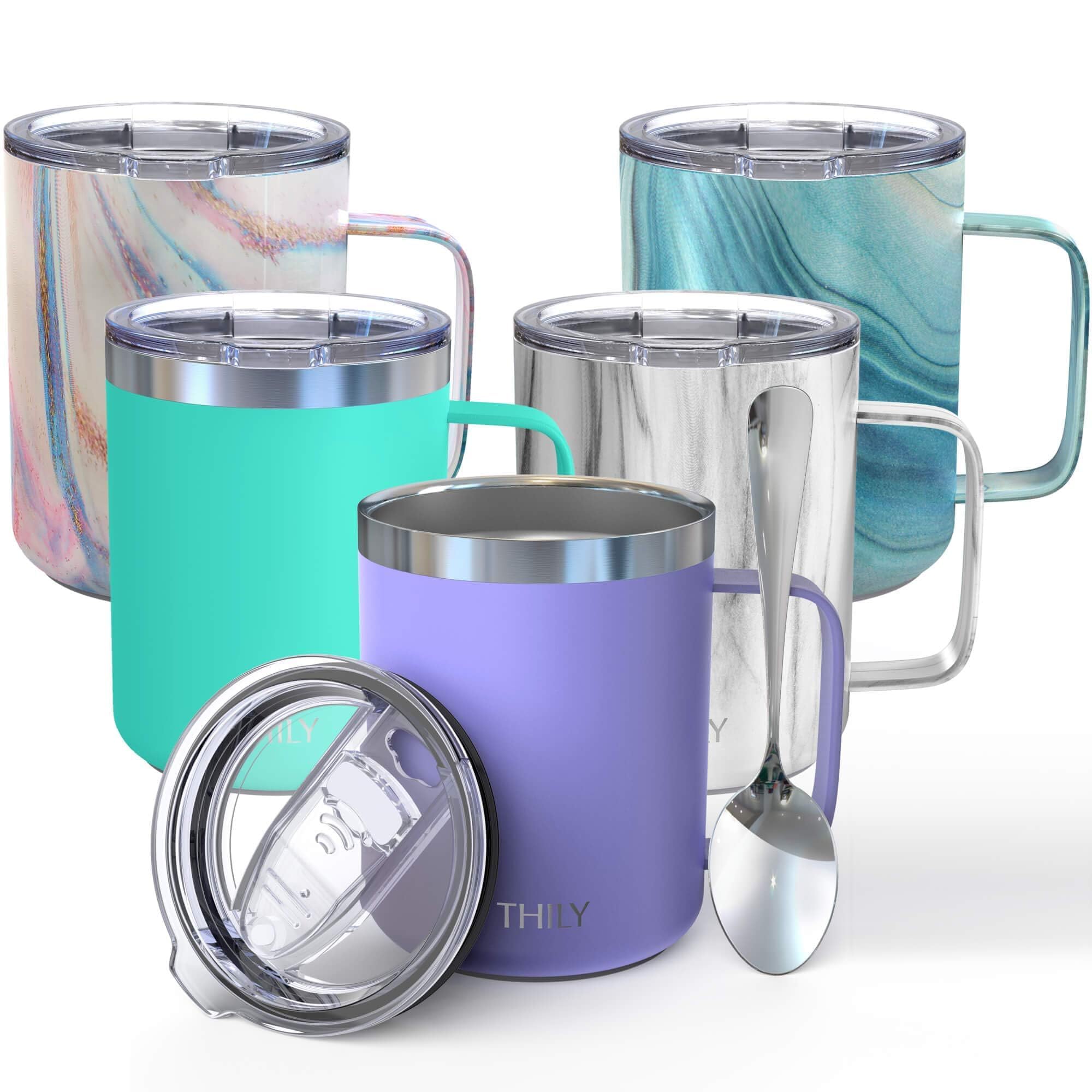 THILY Stainless Steel Insulated Coffee Mug 350 ml Triple-Insulated Travel Cup with Handle and Lid, Keep Coffee Cold, Powder Coated Travel Mug, Matte Lavender