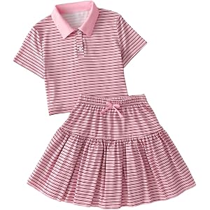 SweatyRocks Girl's 2 Piece Outfits Striped Short Sleeve Collar Shirt and Ruffle Skirt Cute Preppy Clothes