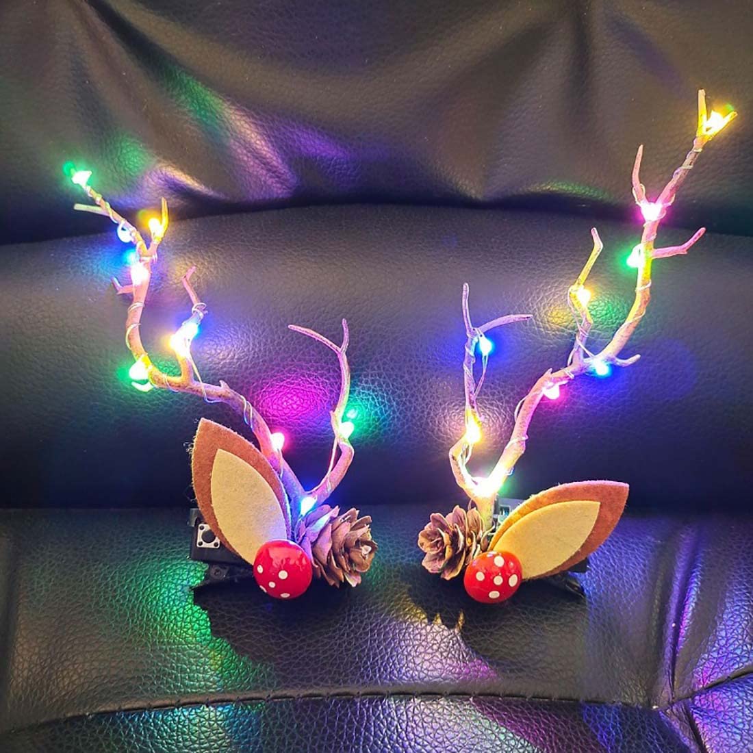 Prosy 2pcs LED Light up Antlers Headwear Glowing Hair Clips Christmas Hair Bands Party Decorative for Women and Girls (Colored lights)