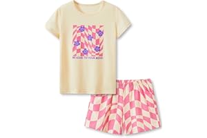 Beezizac Girls Cotton Sleepover Pajama Set for Little & Big Girls Short Sleeve Set 2-Piece PJ Size 4T-18