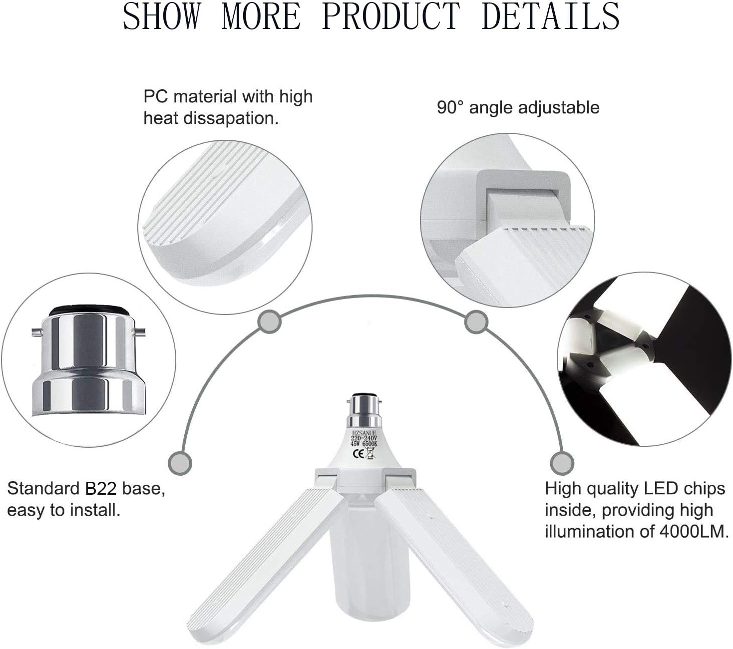 HZSANUE B22 Bayonet LED Garage Light 80W, Daylight White 6500K 9000Lm Deformable Workshop Lamp with 5 Adjustable Panels - Image 5