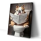 CCWACPP Dog Bathroom Wall Art Funny Animal Pictures Bulldog Reading Newspaper on Toilet Print Whimsical Animal Canvas Toilet Decor Framed (12.00" x 18.00")