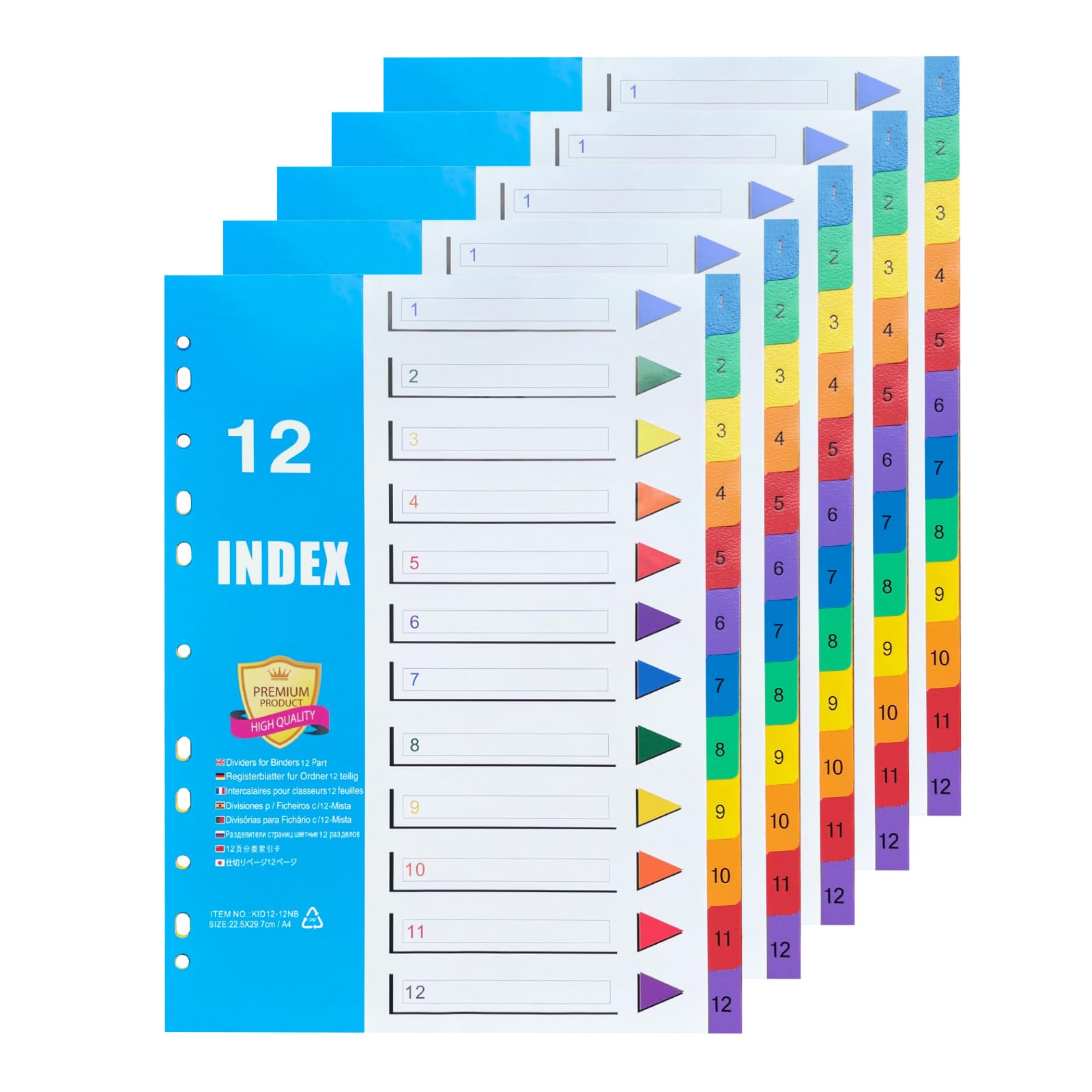 (5 Pack) DONGLI A4 File Dividers, 12 Part Number 1-12 Plastic Binder Divider with Multipunched Reinforced Colour Number Tabs