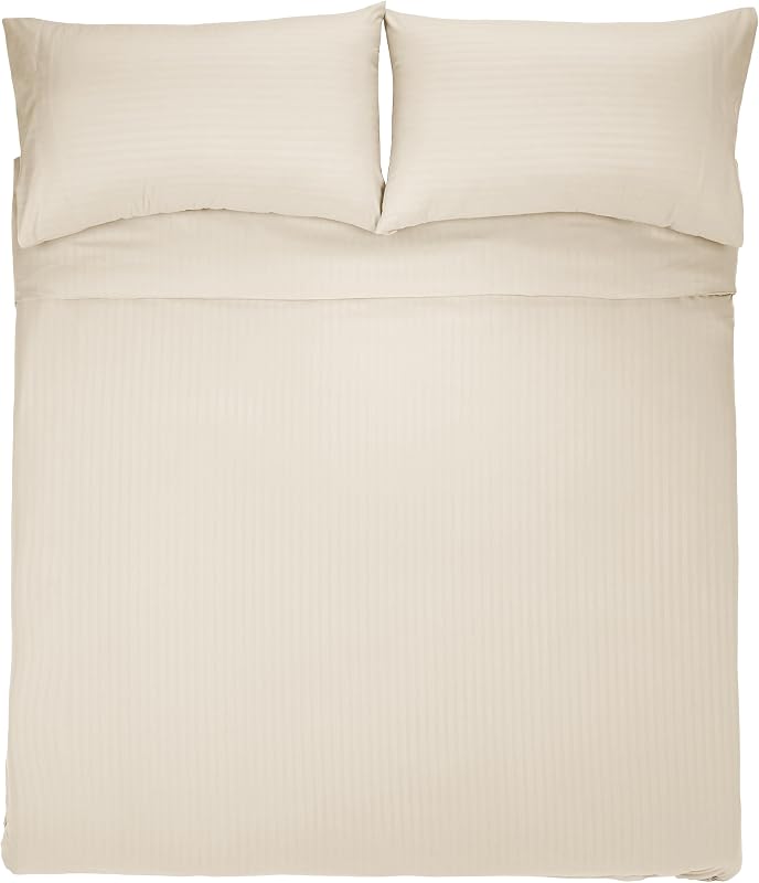 Parure de Lit 2 Personnes 3 Pièces en Microfibre, Housse de Couette 200 x 200 cm et 2 Taies d'oreiller 50 x 80 cm, Beige Rayé