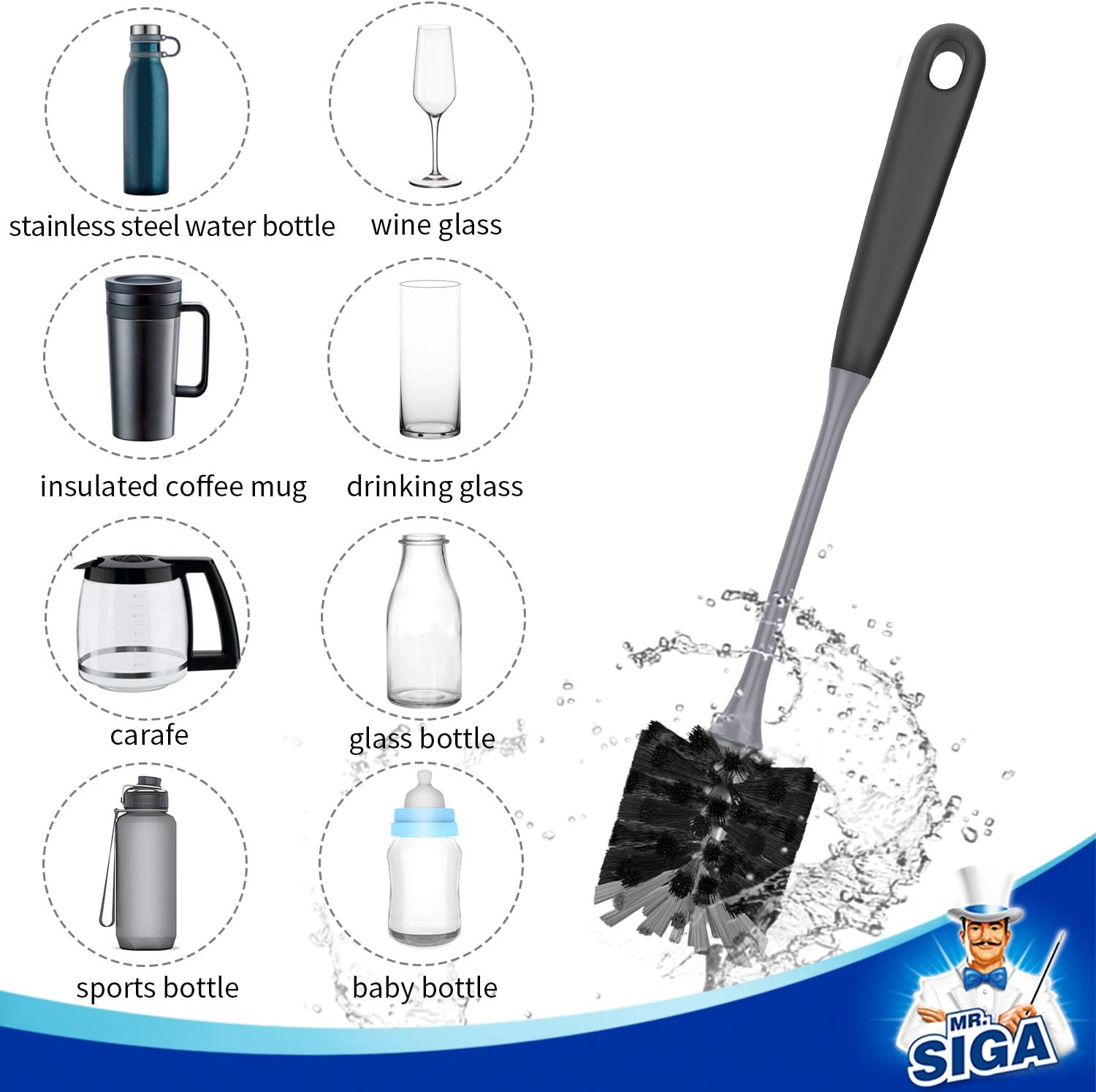 MR.SIGA Long Handle Bottle Brush, Cleaning Brush for Water Bottle Glassware, 2 Pack, Black, 2 Count (Pack of 1) - Image 5