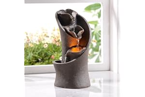 Kalona 11" 3-Tier Artistic Tabletop Waterfall Fountain - Imitation Stone Design with Natural River Rocks, LED Lights, Perfect for Meditation & Relaxation (Model 23005)