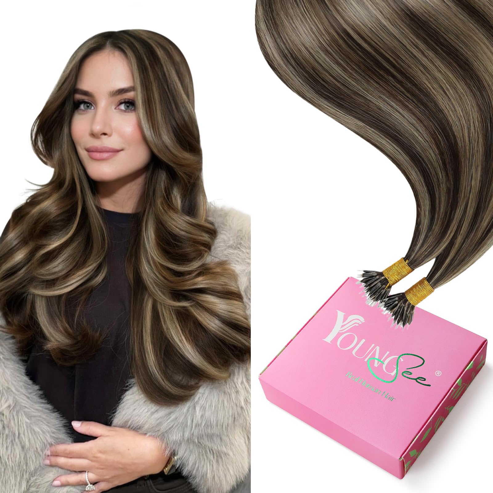 YoungSee Nano Beads Hair Extensions Brown 24 inch Nano Hair Extensions Dark Brown Highlight Caramel Blonde Nano Ring Human Hair Extensions for Party Long Straight Cold Fusion 50s 50g