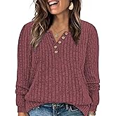 ROSRISS Womens-Plus-Size-Tops Trendy Long Sleeve Henley Shirts Casual Ribbed Knit Tunics Dressy Crewneck Pullover Sweaters
