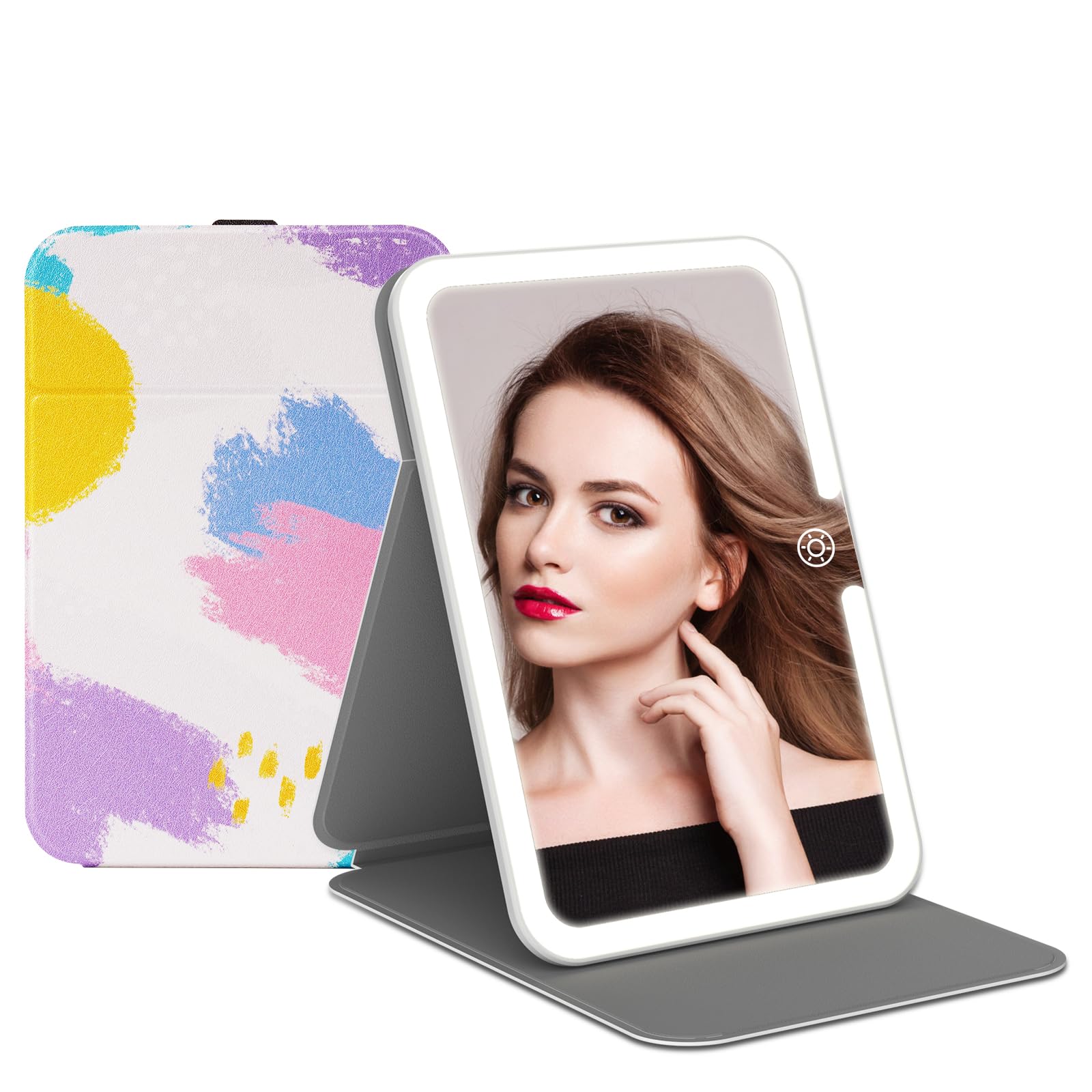Photo 1 of Rechargeable Travel Lighted Makeup Vanity Mirror with PU Leather Cover, Portable Travel Makeup Mirror with Lights, 3 Color Lighting,Touch Sensor Dimmable, Light Up Tabletop Cosmetic Mirror Folding