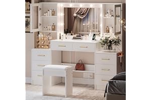 TOKSOM 58.3” Vanity Desk with Mirror and Lights & Charging Station, Bedroom Dressing Table, Large Vanity Set with Cushioned Stool, 8 Drawers and 2 Cabinets, Makeup Vanity Table with Charging Station