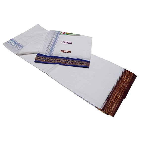 Cotton Cool 100% Cotton Rich Cotton Fancy Border Dhoti White Colour 2.00 Mts (Pack of 1 Piece)