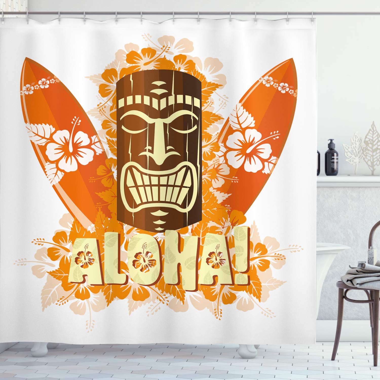 ABAKUHAUS Tiki Bar Shower Curtain, Hibiscus Flora Burst Orange Surfboards Aloha Tropical Summer Season, Cloth Fabric Bathroom Decor Set with Hooks, 94 Inches, Orange Brown Pale Yellow