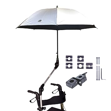 Orig. MPB® Rollatorschirm 99 SI (PASSEND FÜR 99% ALLER ROLLATOREN!), Regenschirm und Sonnenschirm nutzbar, silber, Schirmhalt