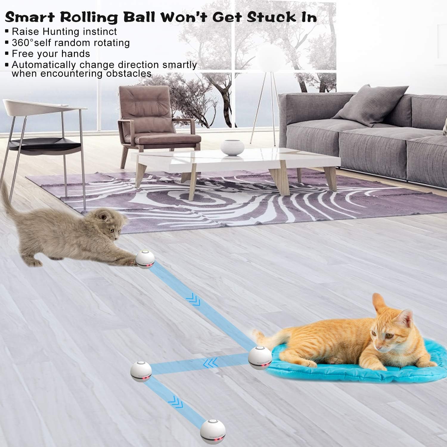 HESTIA Interactive Cat Toy Ball, Automatic Rolling Kitty Toys for Indoor Cats, USB Charging 360 Degree Self Rotating Ball, Build-in Catnip Spinning Color Led Light, with Feather/Bell Toy (White) : Pet Supplies