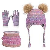 Kids Winter Warm Knit Beanie Hat Scarf Gloves Set Fleece Lined Pom Pom Ear Flaps Hat and Neck Warmer for Boys Girls Ages 4-10