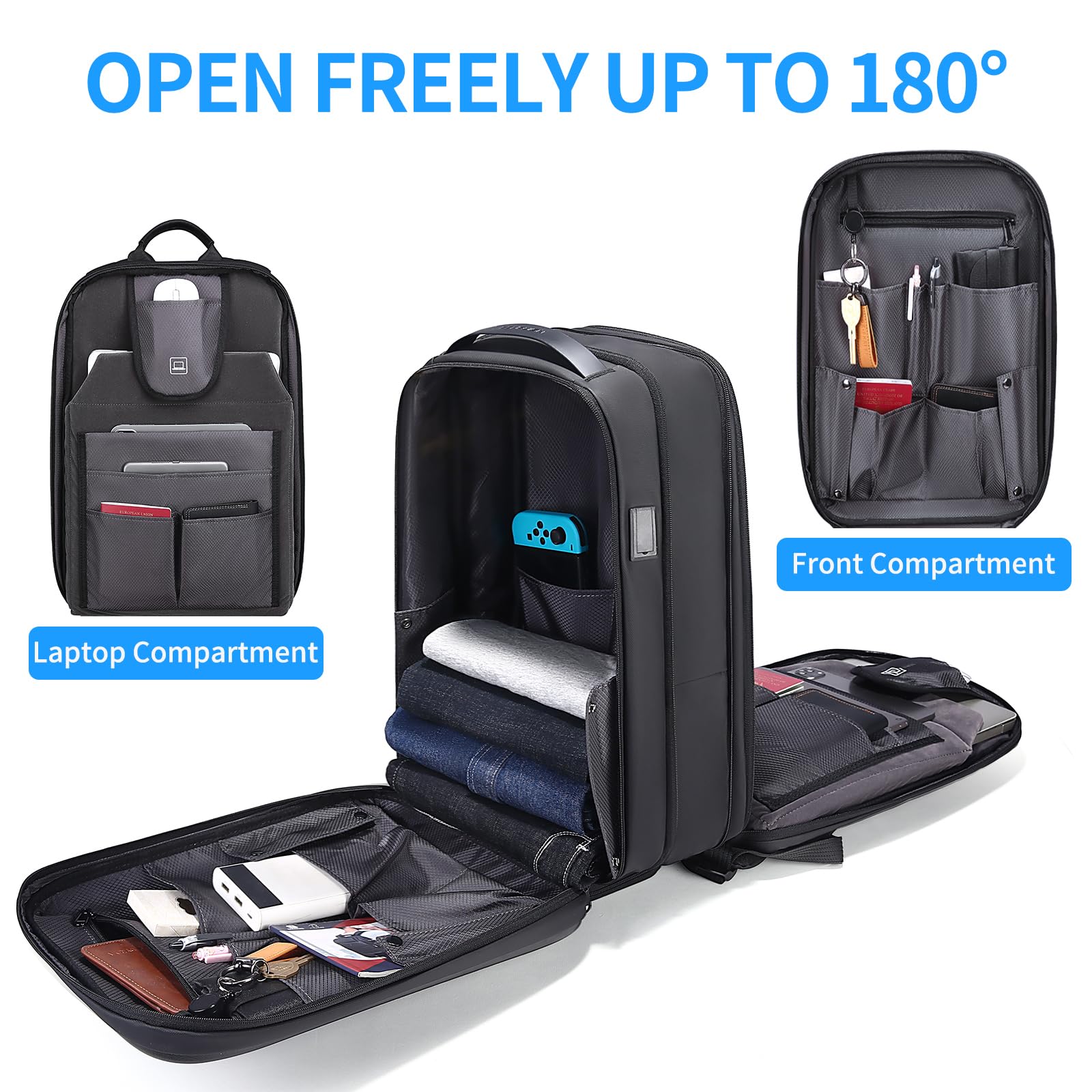 FENRUIEN Gaming Laptop Backpack 15.6 Inch, Expandable Hard Shell Backpack with USB Charging Port, Water Resistant Business Computer Backpack, Black