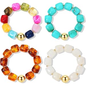 JEWPARK 4 Pcs Chunky Beaded Bracelets for Women | Adjustable Colorful Resin Beads Bracelets Stretch Beaded Bracelet Boho Summ