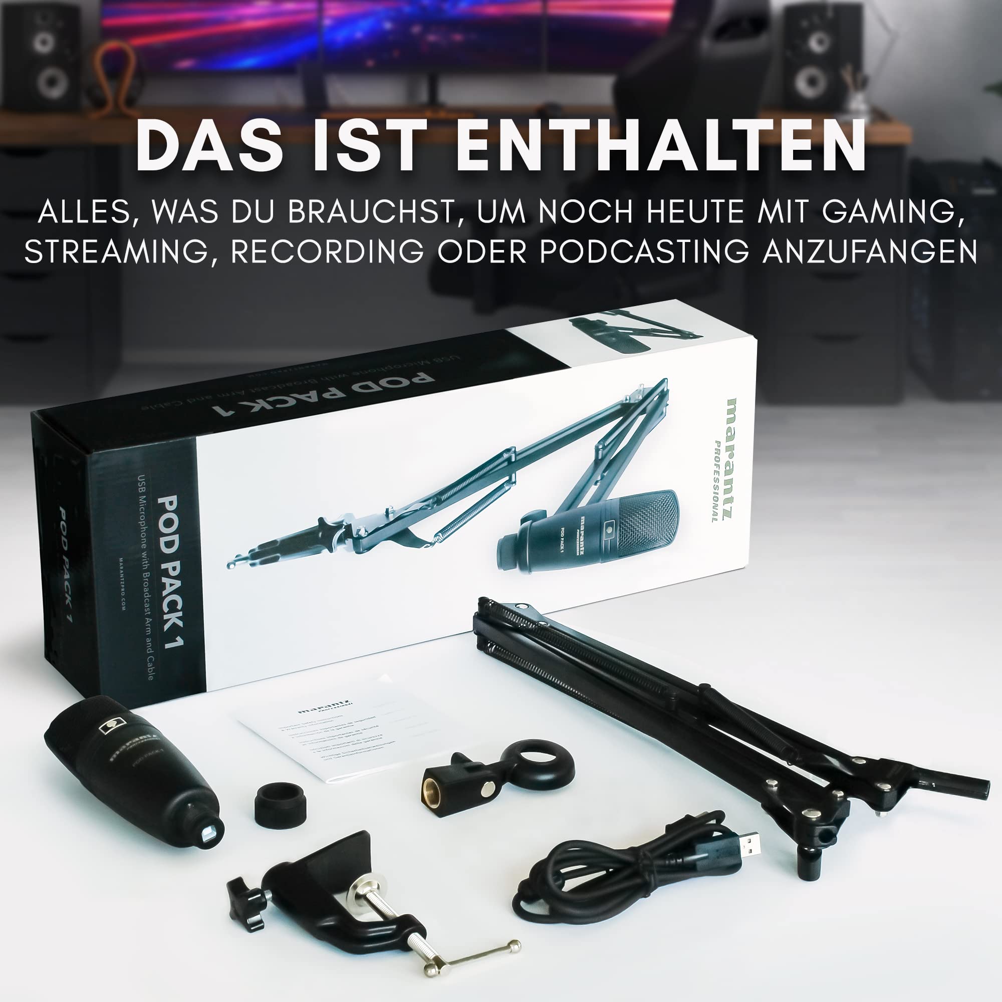 Marantz Professional Pod Pack 1 - USB Kondensator Mikrofon Kit für Gaming, Streaming und Podcasting mit integriertem Audio Interface, verstellbarem Mikrofonarm, Tischklemme, Plug-und-Play 7